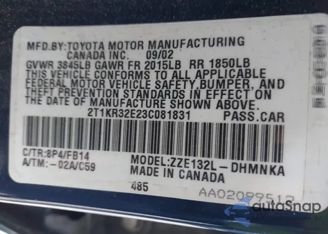 2003 Toyota Corolla Matrix Xr z USA, uszkodzony, nr VIN 2T1KR32E23C081831